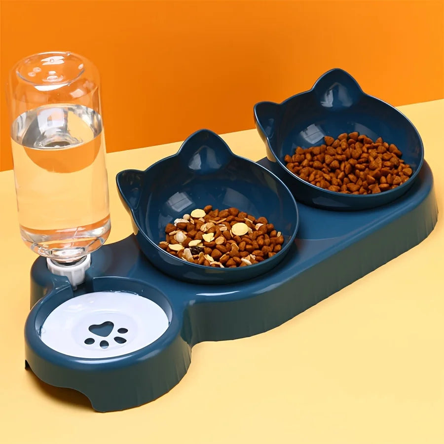 Gamelle Chat 3 en 1 avec Distributeur d’Eau Automatique – Double Bol Nourriture et Fontaine pour Chat Anti-Débordement