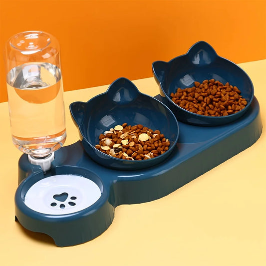 Gamelle Chat 3 en 1 avec Distributeur d’Eau Automatique – Double Bol Nourriture et Fontaine pour Chat Anti-Débordement
