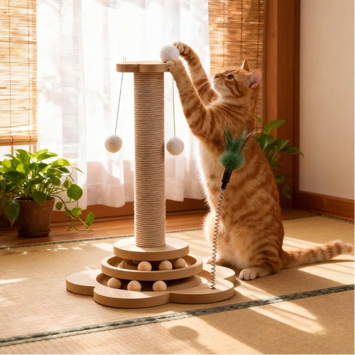 Arbre à chat avec griffoir en sisal et jouets interactifs – Jouet pour chat d’intérieur avec balle, plume et piste à billes