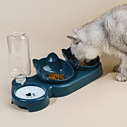 Gamelle Chat 3 en 1 avec Distributeur d’Eau Automatique – Double Bol Nourriture et Fontaine pour Chat Anti-Débordement