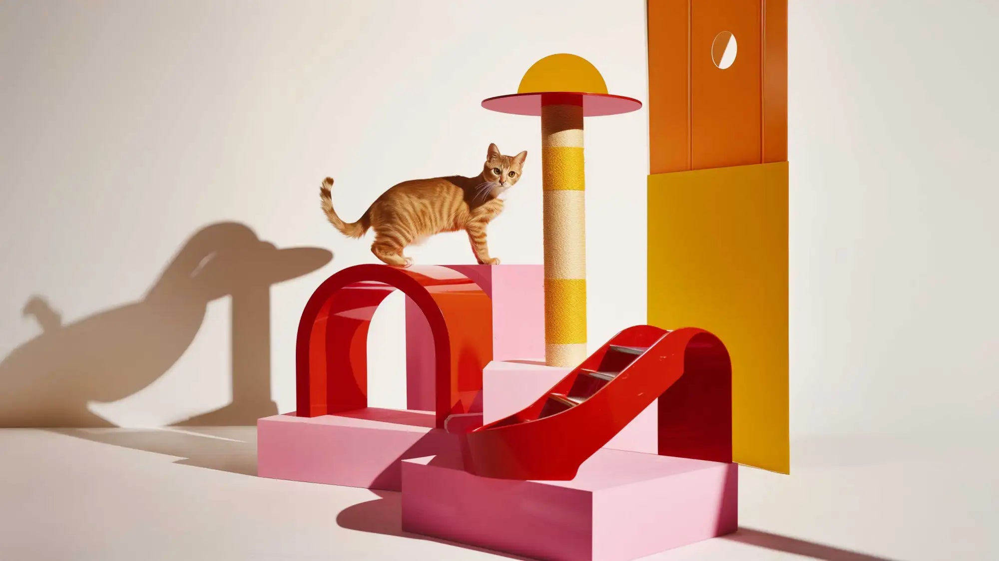 Un chat tigré roux perché au sommet d'une structure de jeu vibrante aux formes géométriques avec des courbes audacieuses rouge et rose.